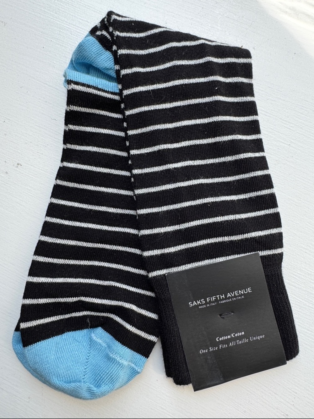Saks Fifth Avenue Black & White Striped Socks with Light Blue Accents